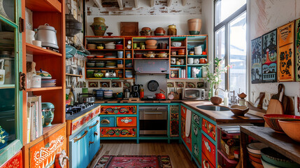 Naklejka premium Eclectic pantry with colorful shelves, mismatched storage, and playful decor in a bohemian-style kitchen