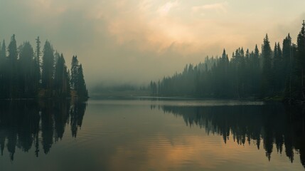 Fototapeta premium Tranquility Threatened: Serene Lake Shrouded in Wildfire Smoke, Juxtaposing Calm and Chaos