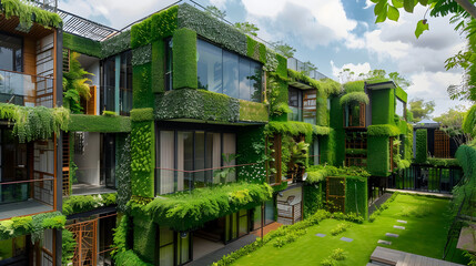 Eco-friendly condo with green walls, solar panels, and a lush communal courtyard