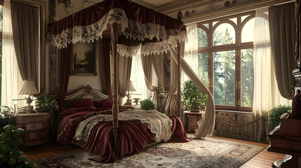 Elegant bedroom with a vintage touch, featuring a canopy bed with lace curtains, rich burgundy bedding, and a large bay window