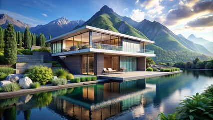 Breathtaking lakeside villa with sleek contemporary architecture, lush greenery, and majestic mountain backdrop, exuding opulence and serenity in perfect harmony.