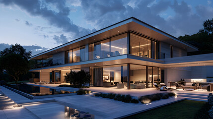 Fototapeta premium Elegant contemporary villa with sleek glass walls and warm interior lighting, set against a stunning twilight sky