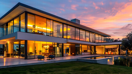 Obraz premium Elegancka, współczesna willa z gładkimi szklanymi ścianami i ciepłym oświetleniem wnętrza, na tle zachwycającego nieba o zmierzchu