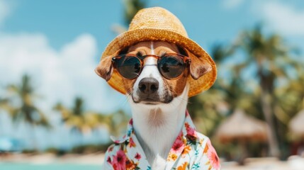 Playful and fashionable dog relaxing in a tropical setting wearing trendy sunglasses and a straw hat ready to embark on a summer adventure