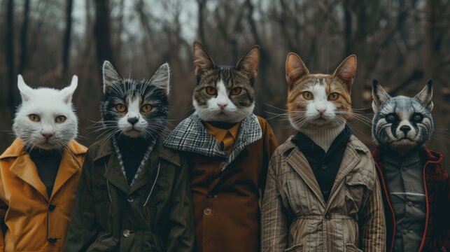 A group of feline models dressed up in fashionable autumn inspired costumes posing together for a whimsical and imaginative studio portrait against a blurred forest backdrop with depth of field