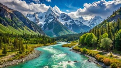 Breathtaking serene vastness of majestic snow-capped peaks surrounding lush green valley with turquoise river flowing gently through it.