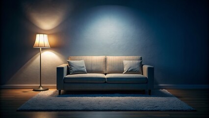 A dimly lit living room with an empty sofa, conveying a sense of loneliness and despair, symbolizing the struggles of depression and insomnia.