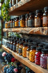 Health store shelves with natural supplements, warm glow, organic wellness products