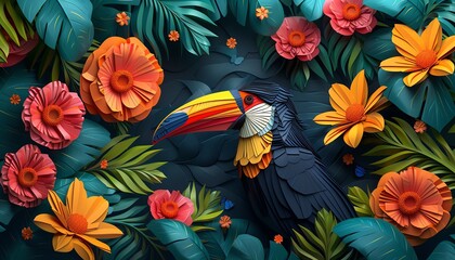 Origamistyle toucan in a lush jungle setting, surrounded by tropical flowers