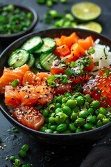 Poke bowl with fresh ingredients, dark background, topdown view, colorful and appetizing