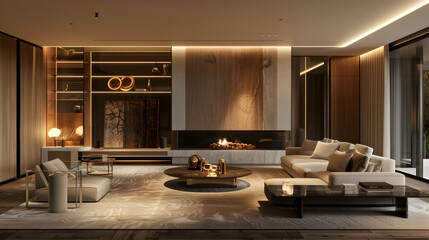 Elegant living room in modern luxury home, blending contemporary design with sleek furniture, accent walls, and a central fireplace, all bathed in soft, ambient lighting.