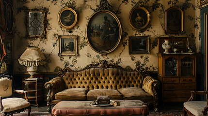 Elegant living room with antique furniture, a velvet sofa, ornate mirrors, and oil paintings on richly wallpapered walls