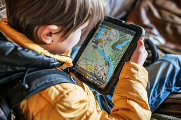 Young Boy Using a Tablet With a Map Application