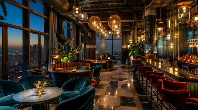 Elegant rooftop bar with panoramic city views, modern decor, plush velvet chairs, and artistic lighting installations