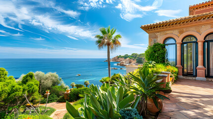 Fototapeta premium Elegant seaside villa with arched windows, terracotta roof, and a lush garden leading to a private beach under a bright blue sky