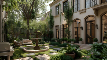 Fototapeta premium Elegant townhouse with a chic courtyard, ornate fountain, and lush greenery in an upscale urban neighborhood