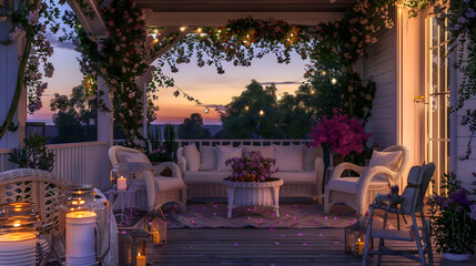 Obraz premium Elegant veranda with white wicker furniture, blooming jasmine, and twinkling fairy lights at twilight