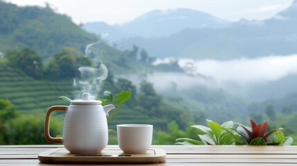 A tea cup set on traditional table by paddy terrace for background design