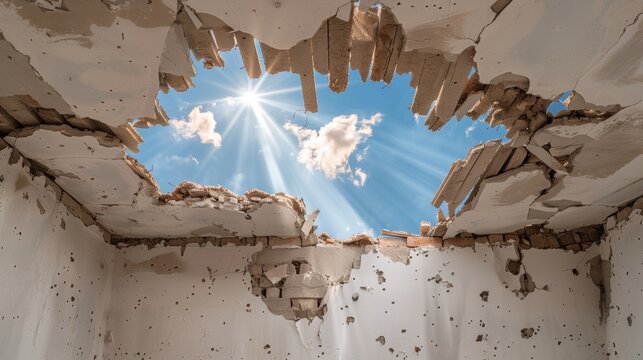 A derelict room with a collapsed ceiling, revealing the sky, broken walls, and sunlight pouring through the holes, creating an eerie yet serene scene