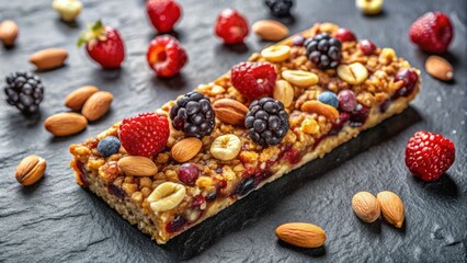 Fototapeta premium Freshly crafted healthy snack featuring crunchy nuts and antioxidant-rich berries on top of a textured protein-rich energy bar surface.