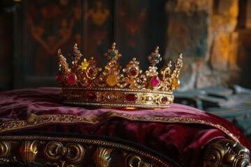 opulent golden crown adorned with precious gems resting on a rich red velvet pillow symbolizing royal power and tradition in a regal setting