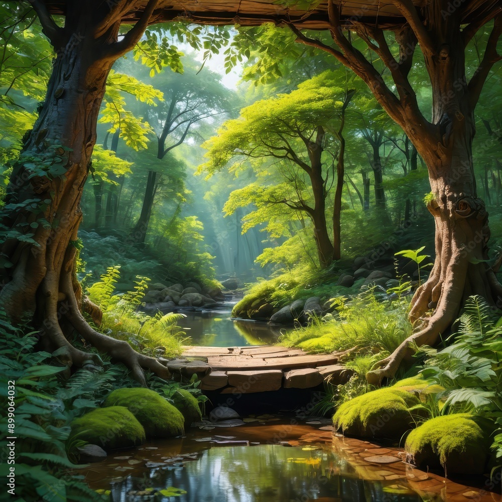 Poster magical forest path with stream and sunlight.