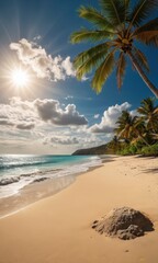 Tropical Beach Paradise with Palm Tree and Sunny Sky.