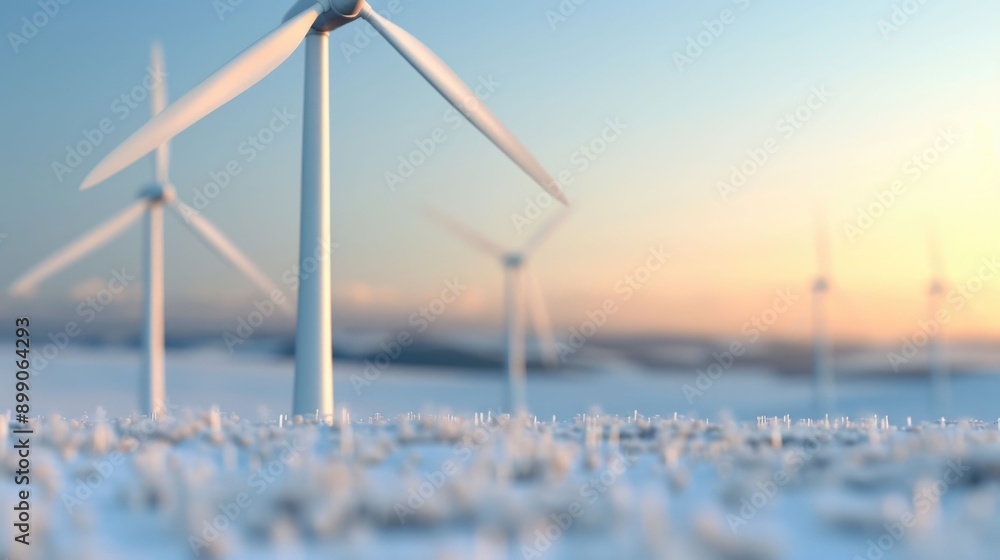 Poster aerial view of an optimized wind farm layout design with turbines in a snowy field at sunset showcas