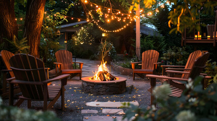 Garden patio with a crackling fire pit, surrounded by adirondack chairs and fairy lights in a serene setting