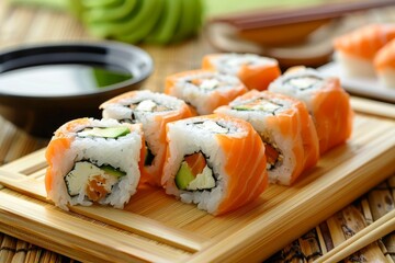 Close-up of Freshly Made Sushi Rolls on a Wooden Plate