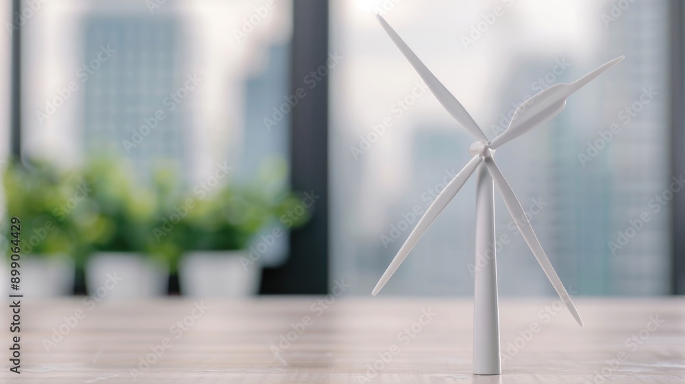 Poster engineers collaborating on a wind turbine model in a sleek minimalist office environment with blurre