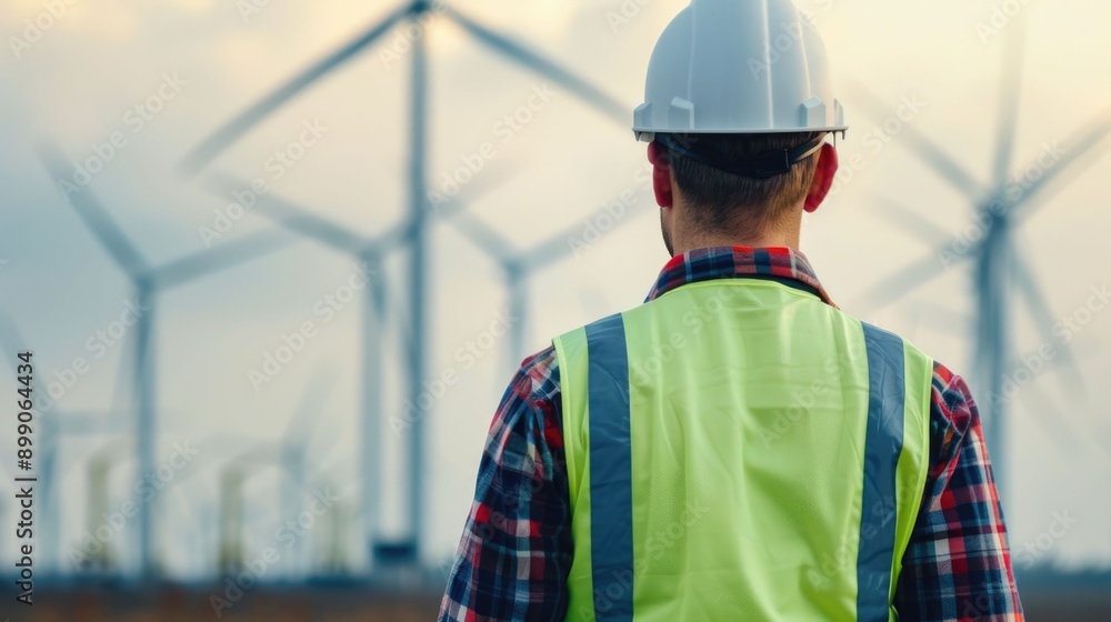 Poster portrait of a professional engineer sketching wind turbine designs on a large whiteboard with a deep