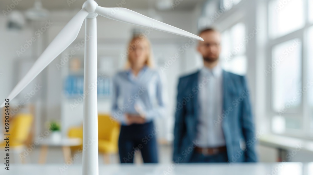 Aufkleber two engineers collaborating on a wind turbine model in a sleek modern office setting with a deep dep