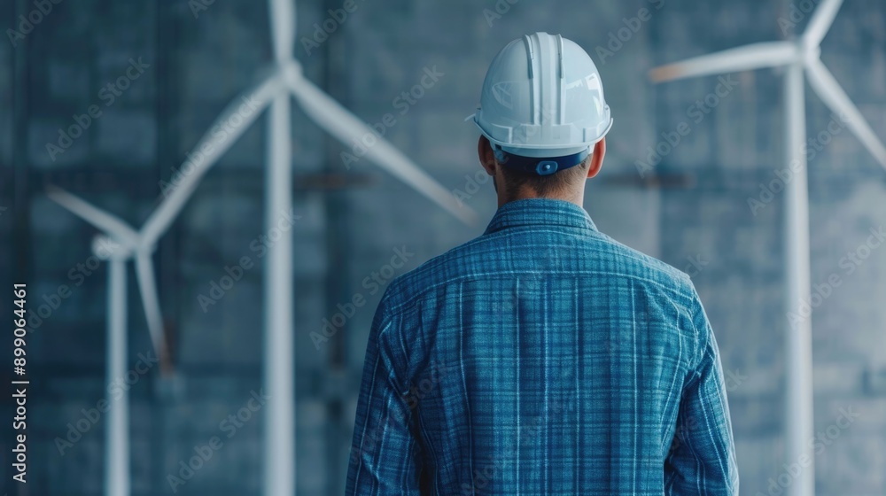 Poster engineer sketching wind turbine designs on a large whiteboard in an office workspace with wind turbi