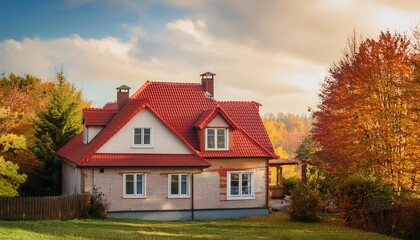 Small cozy house with red roof in autumn colors.
