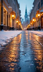 Fototapeta premium Cobblestone Street in the Evening with Snow
