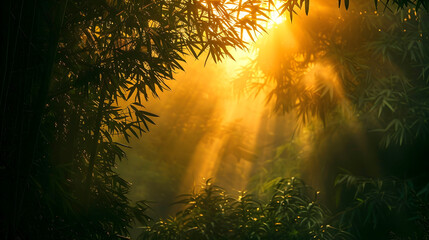 Golden sunset rays filtering through a dense bamboo grove, creating a serene and magical atmosphere