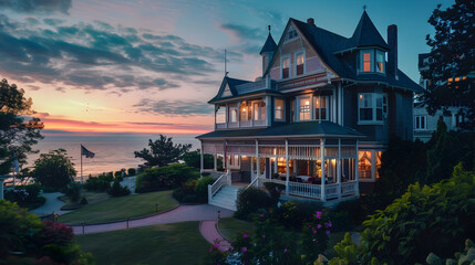 Historic coastal inn with Victorian charm, wrap-around veranda, and gardens leading to a sandy shore
