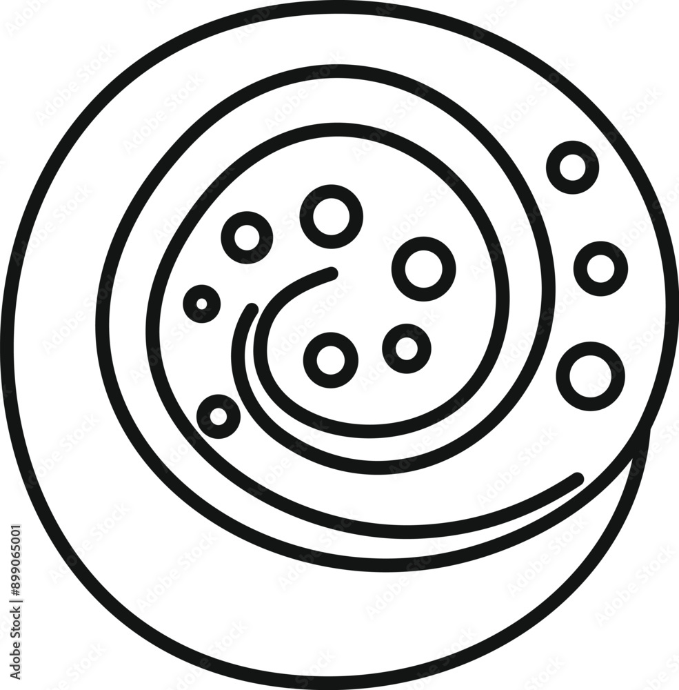 Poster round cinnamon bun with sugar glaze forming a spiral shape icon in outline style for web, mobile and