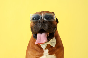 Cute boxer dog in sunglasses on yellow background