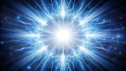 Vibrant, electrifying white flash radiates from center, illuminating surrounding space, against stark, pure white backdrop, evoking celestial energy and cosmic power.
