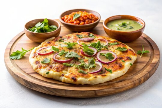 Crunchy South Indian-style onion uttapam dish atop a rustic wooden plate, garnished with fresh cilantro, chutney, and sambar, against a clean white background.