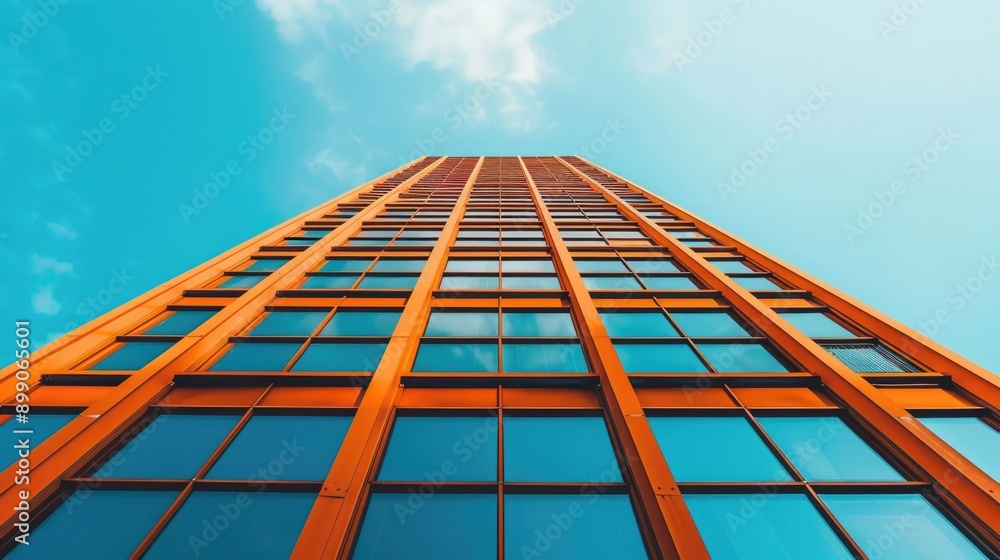 Poster architectural photograph showcasing the facade of an energy efficient modern skyscraper with a focus