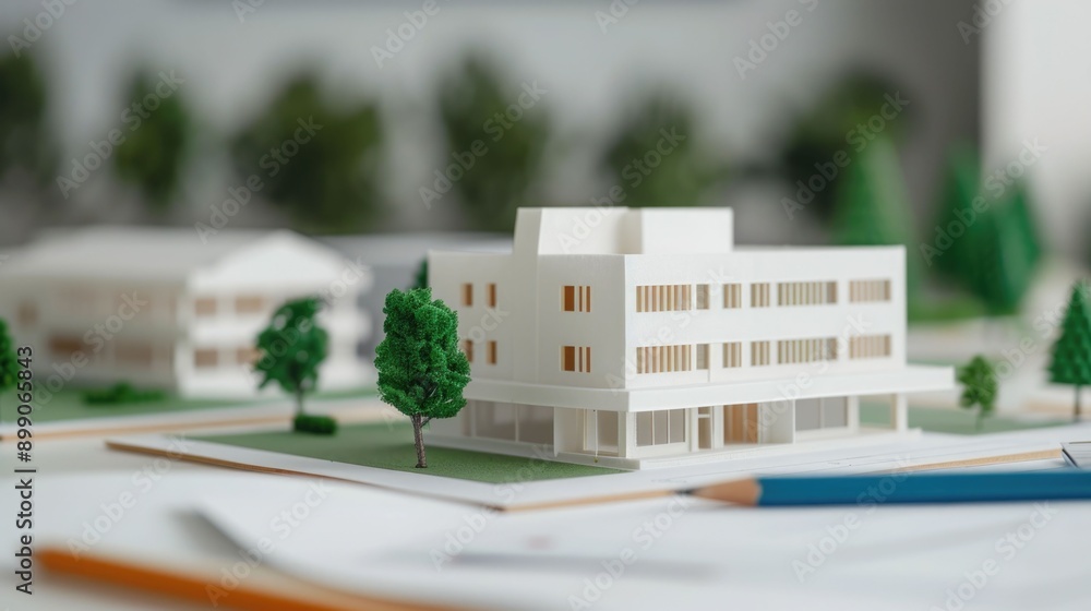 Poster architect engineer on sustainable building plans with deep depth of field depicting a model or scale