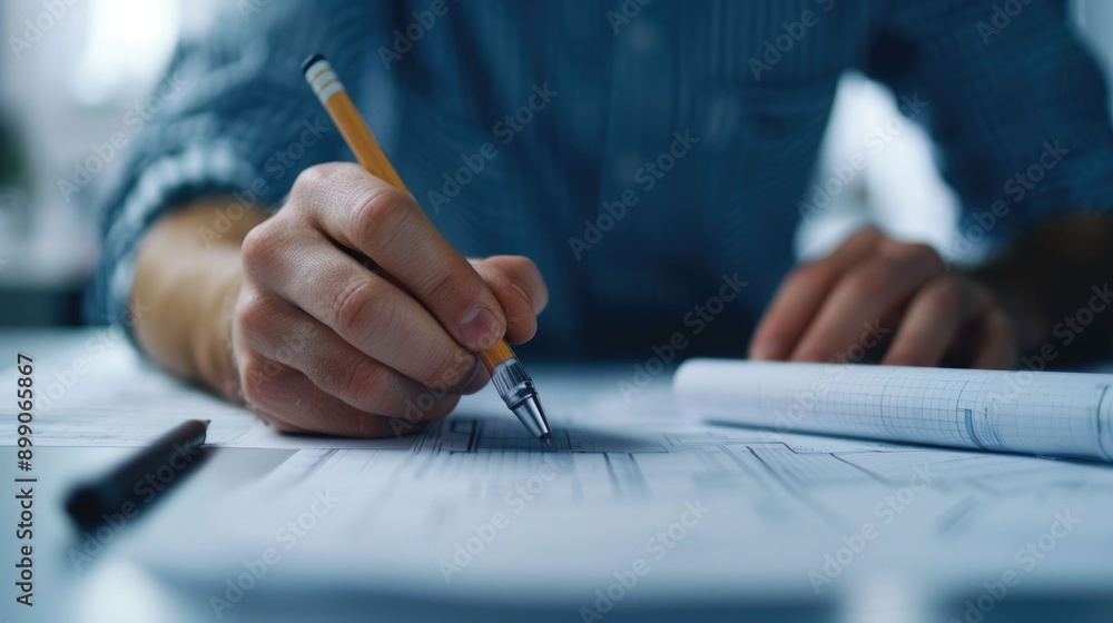 Poster architect engineer on sustainable building plans close up view of a desk with architectural blueprin