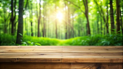 Sparse wooden table in sharp focus against a blurred lush green forest background, offering ample advertising space.