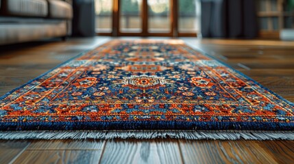 Colorful oriental rug with fringes lying on a wooden floor, giving a warm feeling to a modern living room