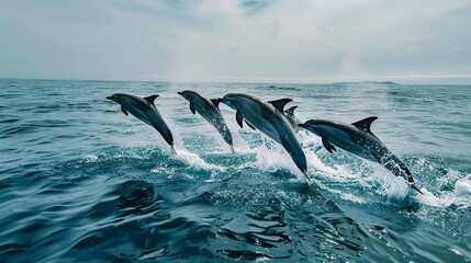 Naklejka premium Group of dolphins leaping joyfully in the ocean, freedom and grace, celebrating the wonders of marine life on World Ocean Day