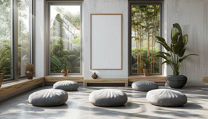 Contemporary minimalist meditation room clean design with empty frame