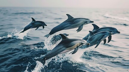 Obraz premium Group of dolphins leaping joyfully in the ocean, freedom and grace, celebrating the wonders of marine life on World Ocean Day